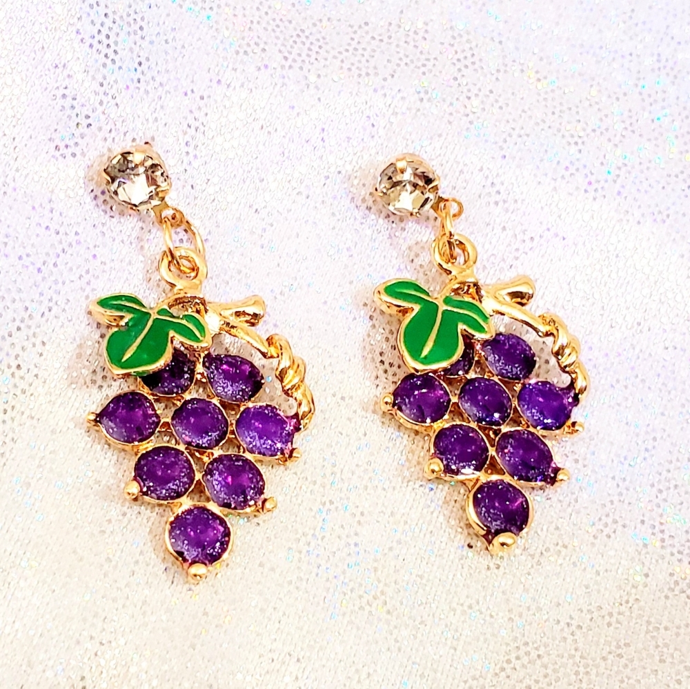 Gold plated crystal green and purple grape  earrings